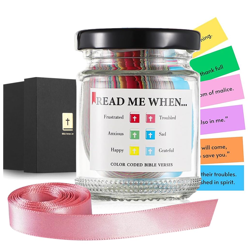 HASTHIP Bible Verse Jar, Inspirational Bible Verse Jar Bible Verse Notes Glass Jar with 90Pcs Color-Coded Bible Verses Notes Christian Gifts Birthday Gift with A 48'' Ribbon Bow. HASTHIP Bible Verse Jar, Inspirational Bible Verse Jar Bible Verse Notes Glass Jar with 90Pcs Color-Coded Bible Verses Notes Christian Gifts Birthday Gift with A 48'' Ribbon Bow.